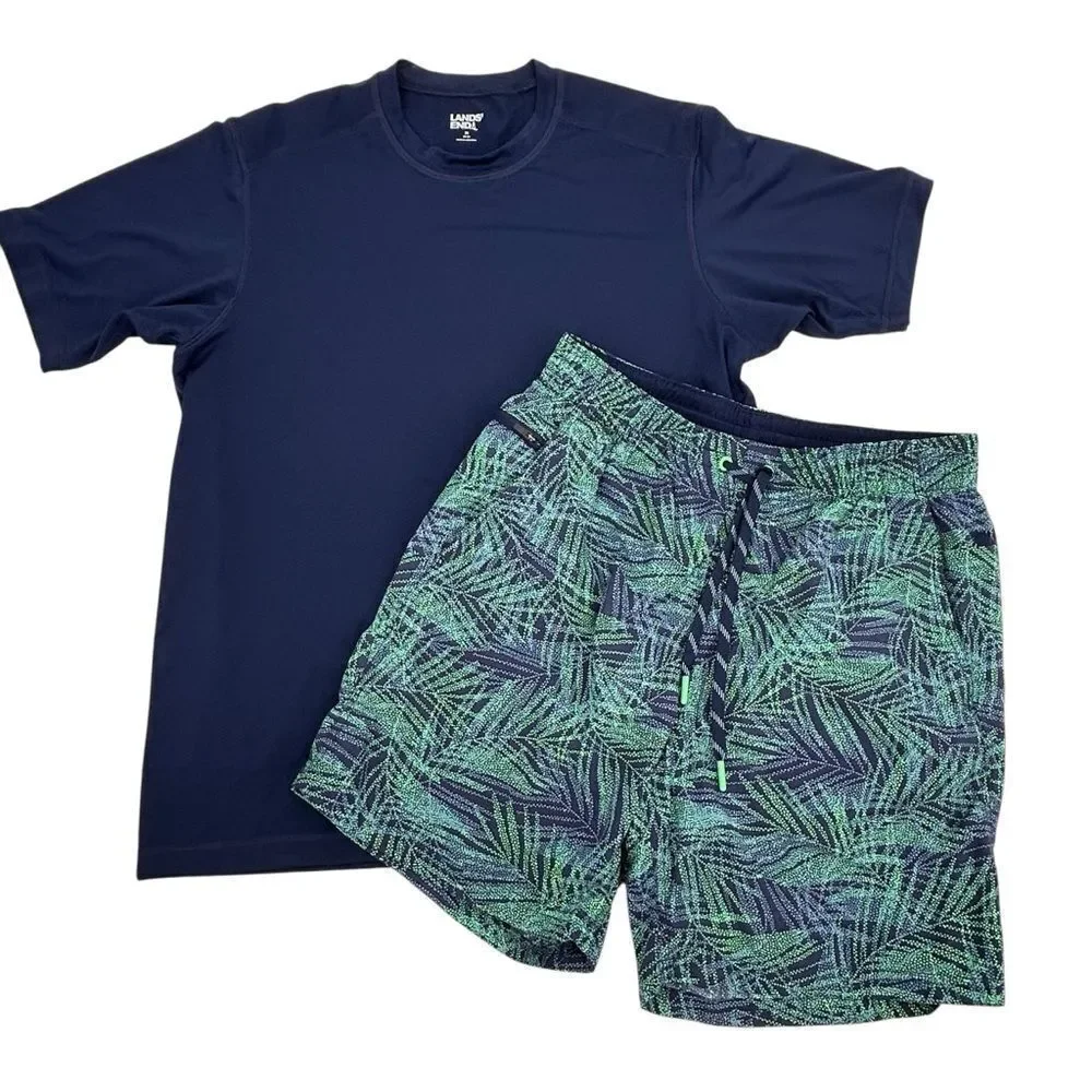 Lands End men’s size medium swim trunks and matching medium navy rashguard set
